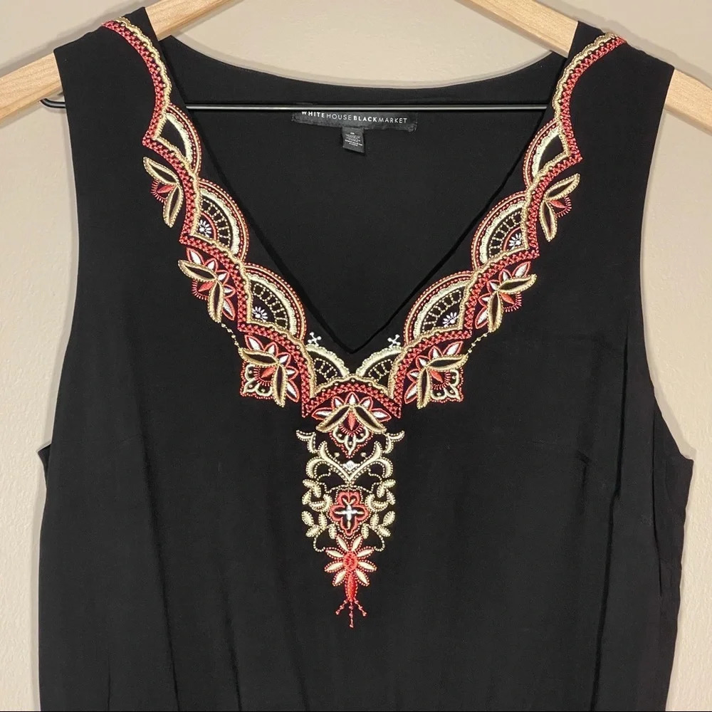 Women's S WHBM Embroidered Red Coral Black Sleeveless Dress 70's Style V neck - Picture 4 of 8